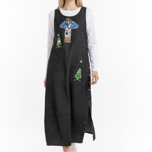 Vintage Quacker Factory Christmas Embroidered Denim Maxi Jumper Dress Size M